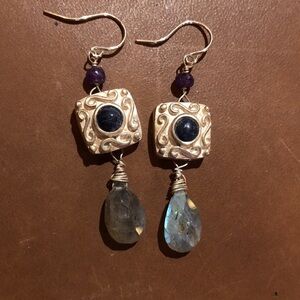 Artisan handmade gemstone sterling silver labradorite, sapphire accent earrings